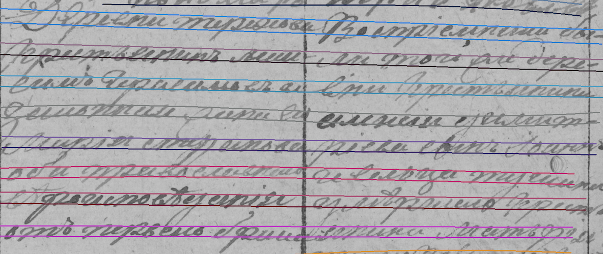 Тут изображён текст в разных колонках, который детектор ошибочно склеил вместе. Цветом выделены строки, которые нашёл детектор